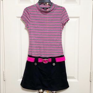 Zunie Pink & Black Striped Belted Dress